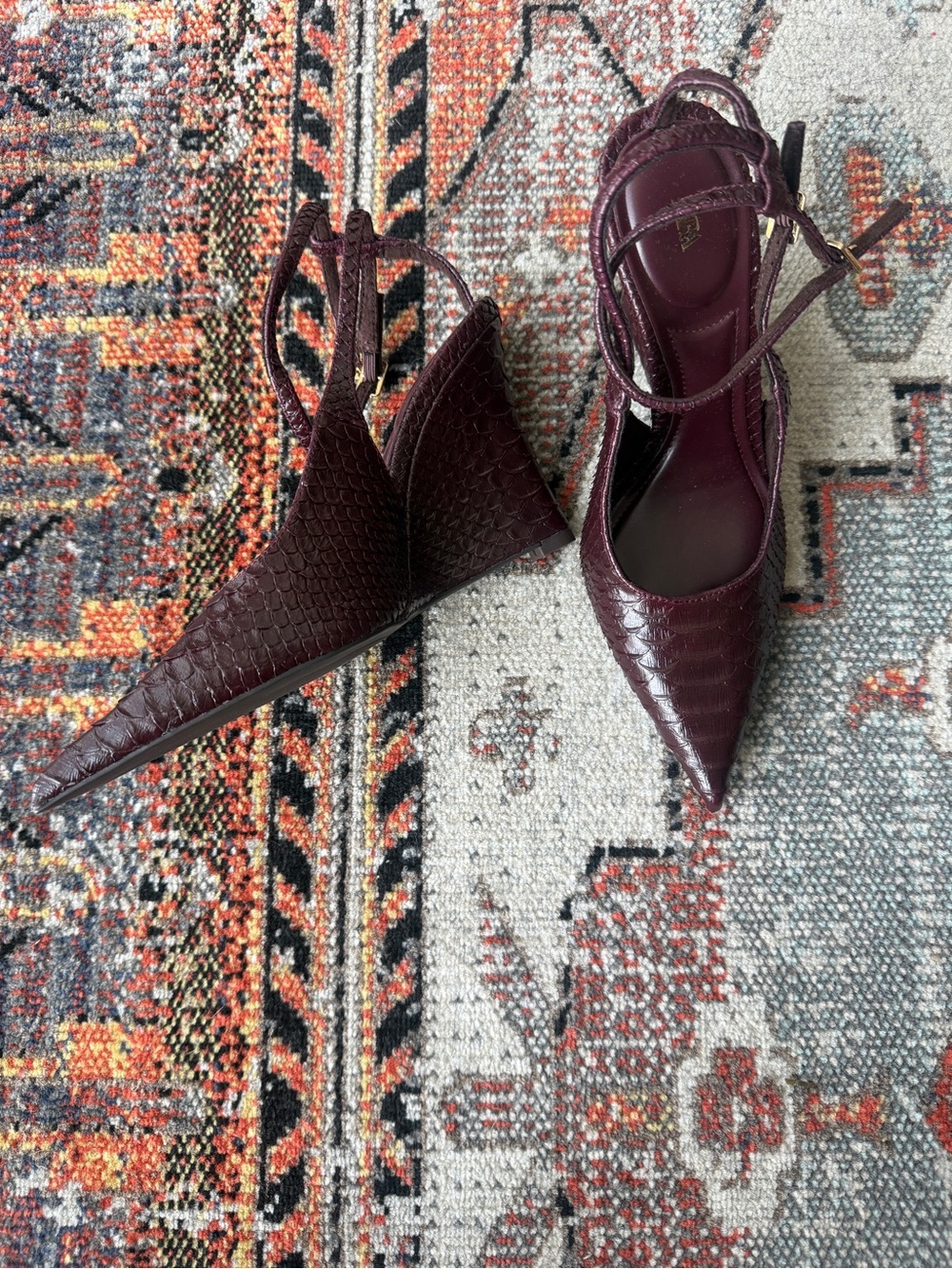 Zara Burgundy Faux-Croc Pointed Toe Slingback Heels - Picture 3 of 4